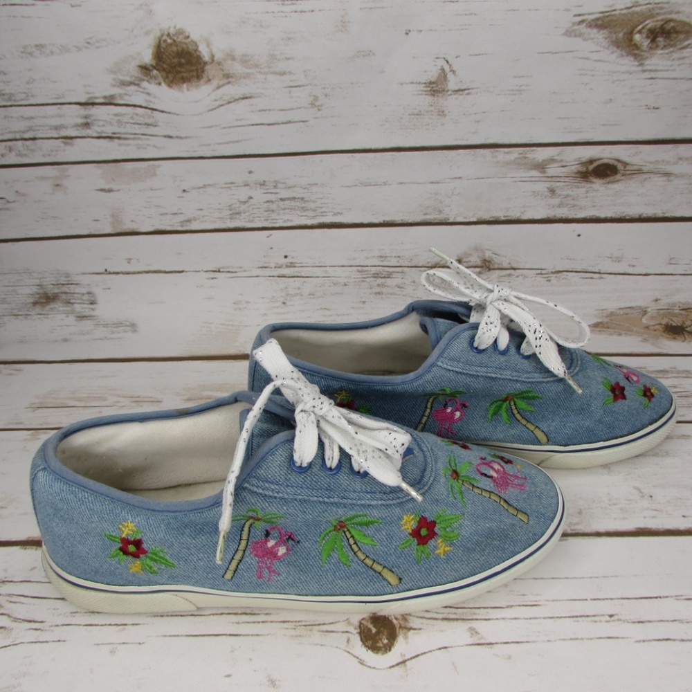 Denim Sneakers Embroidered Flamingos Palm Trees 8 Sebastino Casual Shoes - Picture 3 of 8